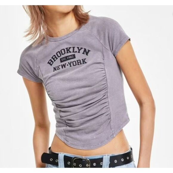 Just Polly Grey Crew neck Ruched-Front Baby Tee T-Shirt size M  Brooklyn casual - Picture 2 of 11